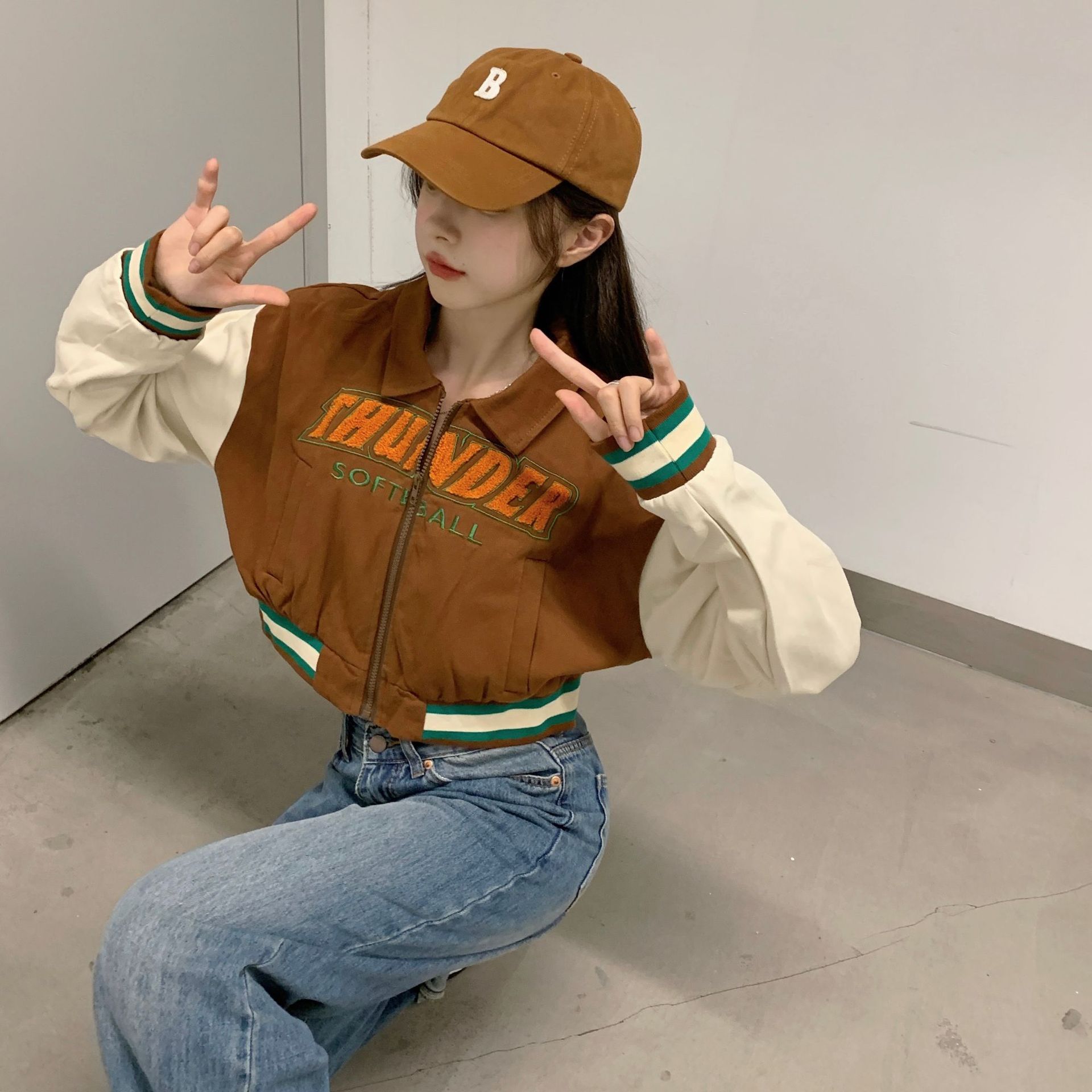 外贸虾皮美式复古辣妹短款vintage棒球服设计感小众夹克长袖外套