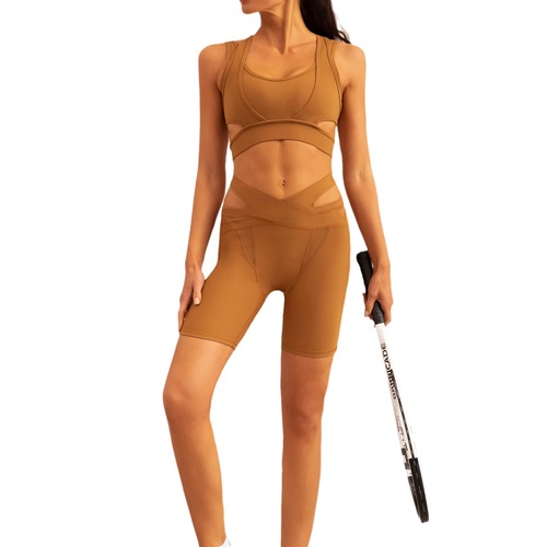 European and American new style threaded hollow sports bra breathable mesh splicing fitness shorts yoga wear set