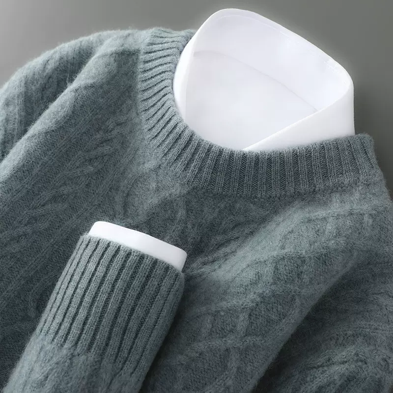 冬季新款纯羊毛衫男圆领加厚提花毛衣商务休闲羊绒针织软糯打底衫