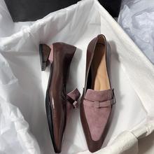 小众法式复古温柔尖头单鞋女2025新款粗跟小皮鞋蝴蝶结拼接乐福鞋