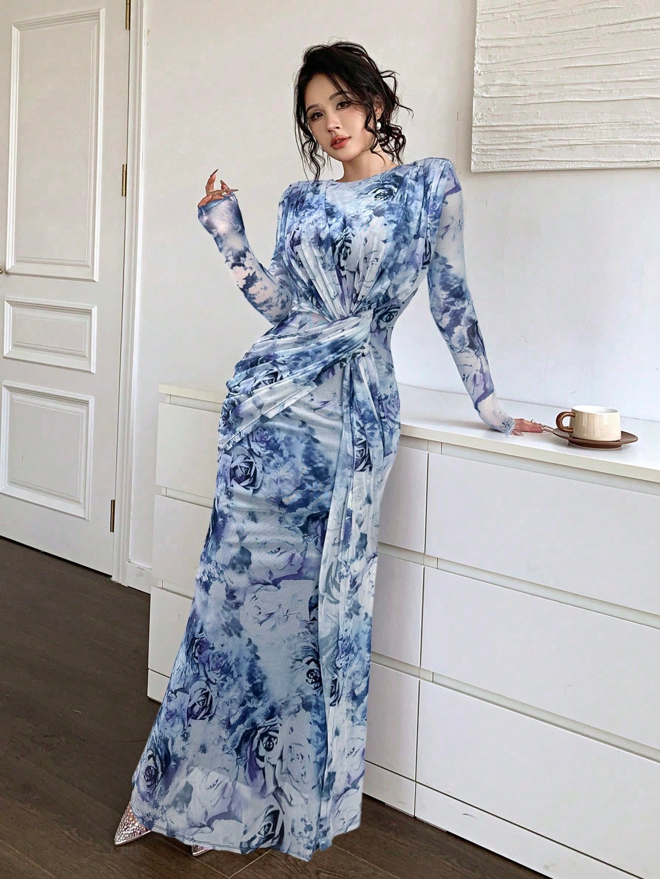 Summer Women's U Neck Long Sleeve Patchwork Slim Fit Printed Maxi Dress_ecoleips.com