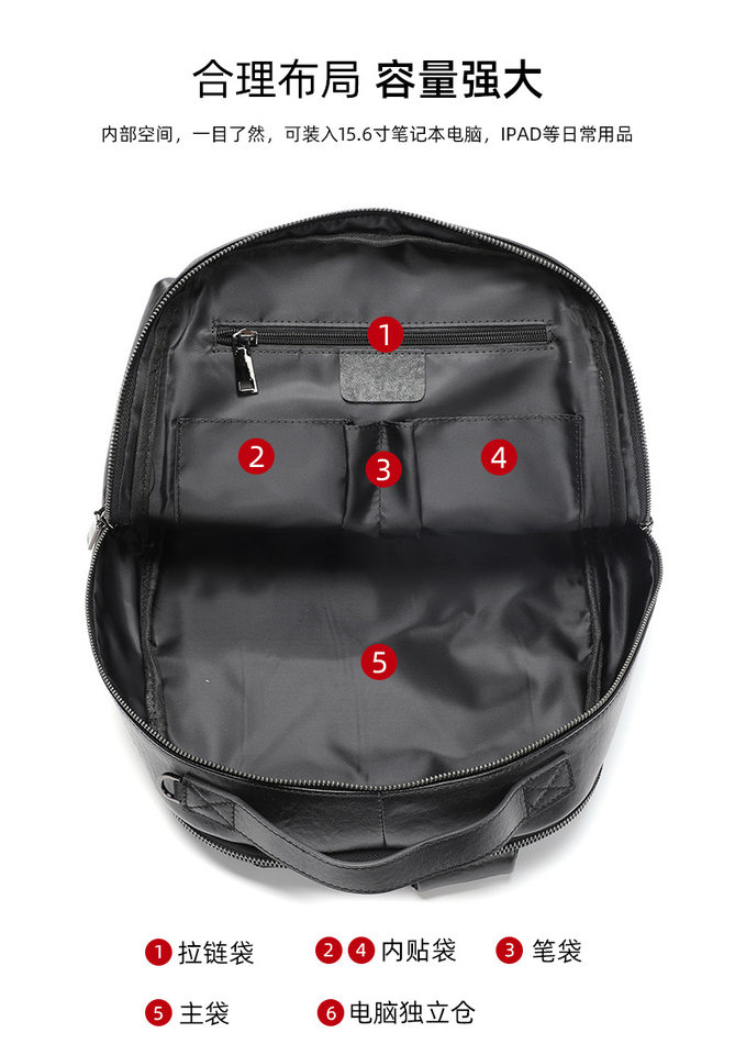 Ba lô da bò lớp đầu nam 15.6 inch công sở, ba lô laptop du lịch 32×12×42 cm — Màu đen chi tiết 9