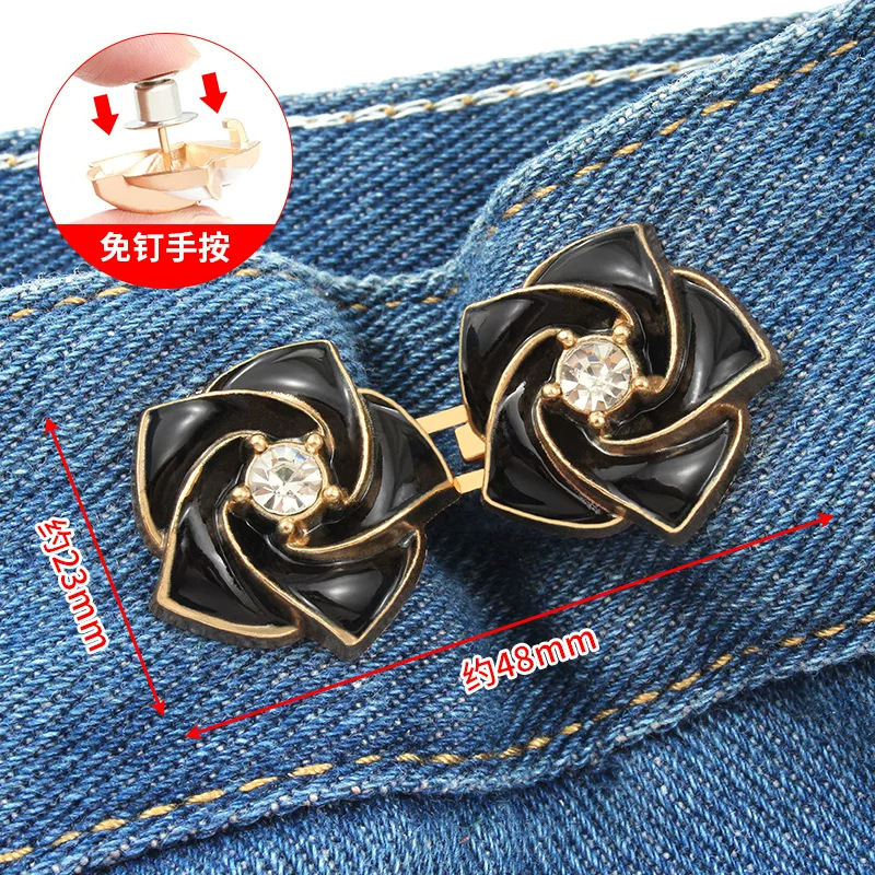 Black Camellia Rhinestone Waist Buckle for Women, New Chinese-Style Jeans Waist Adjustment Fastener, Waist Tightening Fixer