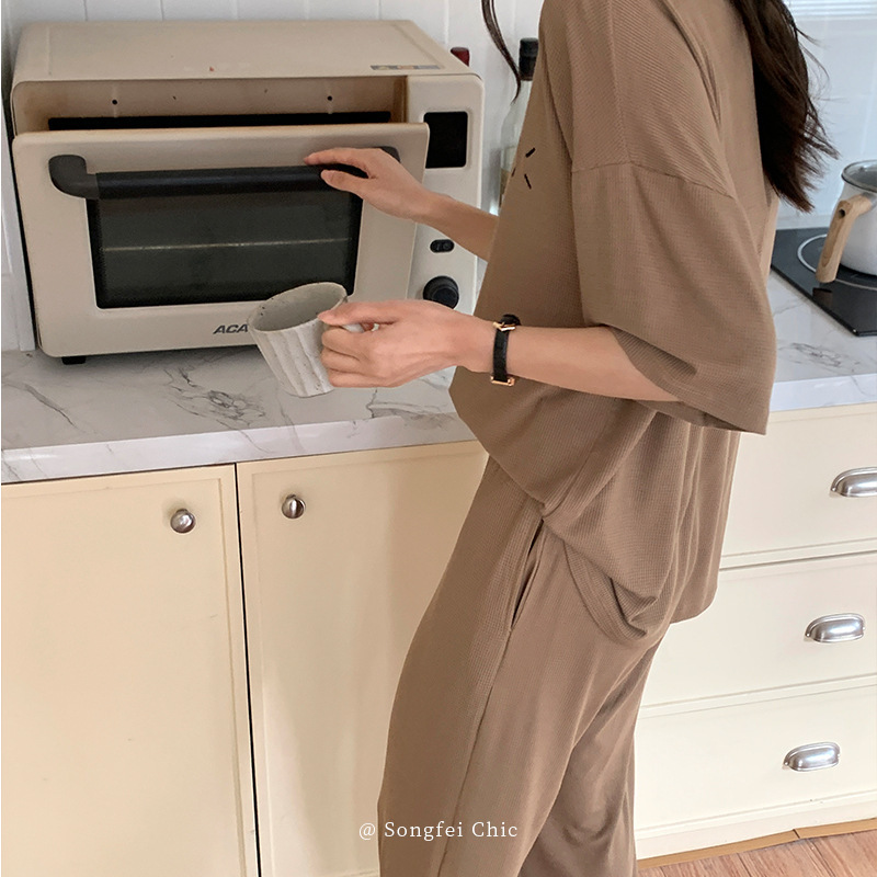 New Home Clothes Wholesale Pajamas Short Sleeve Rice Grain Modal Soft Outer Wear Solid Color Embroidery Suit New Home Clothes Wholesale Pajamas Short Sleeve Rice Grain Modal Soft Outer Wear Solid Color Embroidery Suit