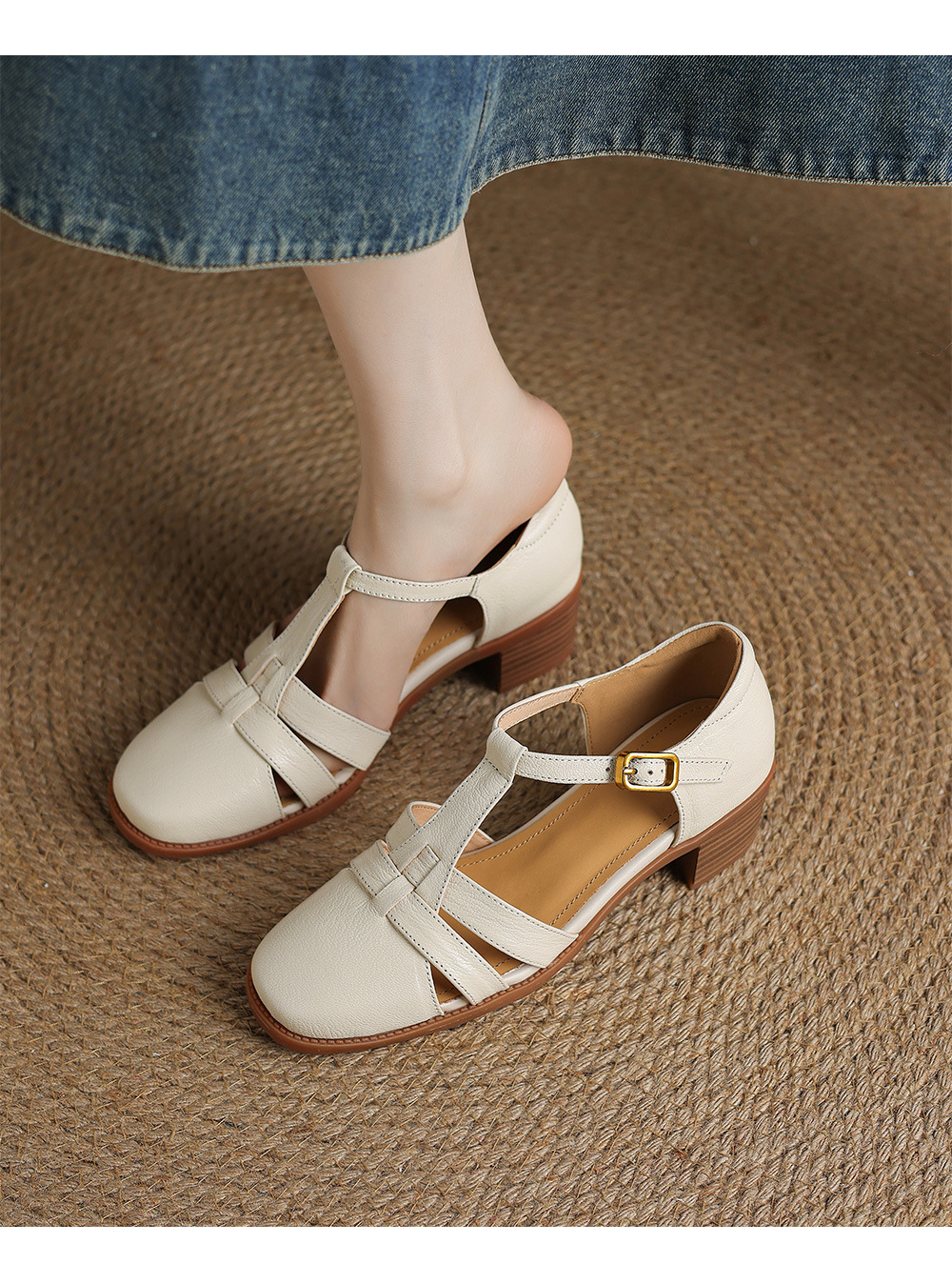 Sandal nữ quai ngang da cừu kiểu La Mã đế dày khoét lỗ dệt — Màu trắng nhạt chi tiết 12