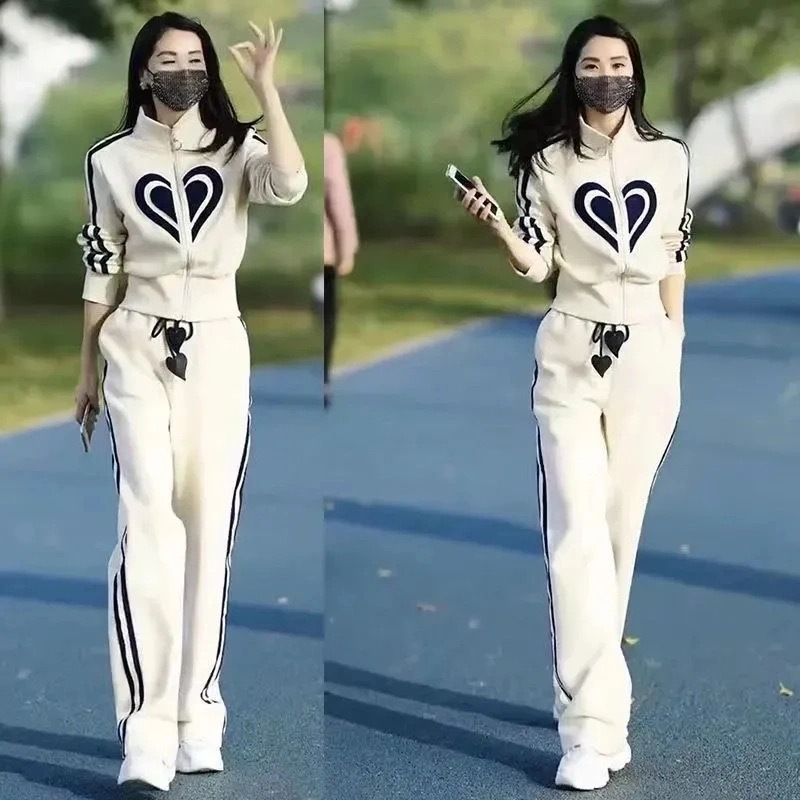 Cross-Border Spring New Style Stand-Up Collar Zipper Sweatshirt Jacket Wide-Leg Pants Two-Piece Fashion Casual Sports Suit for Women