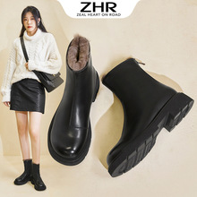 ZHR圆头短靴女 2023冬季新款加绒保暖时尚短筒靴休闲百搭平底短靴