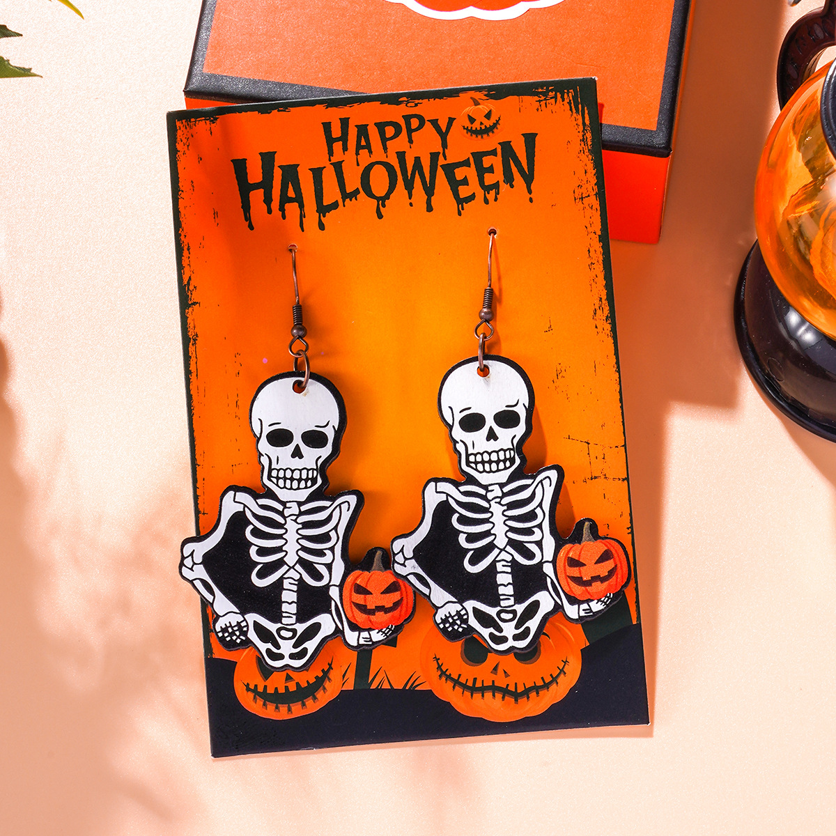 14g Weight Iron Ear Needle Material Drop Earrings Classification 1 Pair Quantity Party, Festival, Street Occasion Wood Material Halloween Festival ghost, Spider, Skull Pattern Women's Gender Hip-Hop, Funny Style 1 Pair Halloween Hip-Hop Funny Ghost Spider Skull Wood Drop Earrings 15
