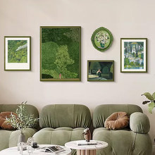北欧客厅现代组合装饰画绿色系沙发背景墙挂画小众艺术原木风壁画