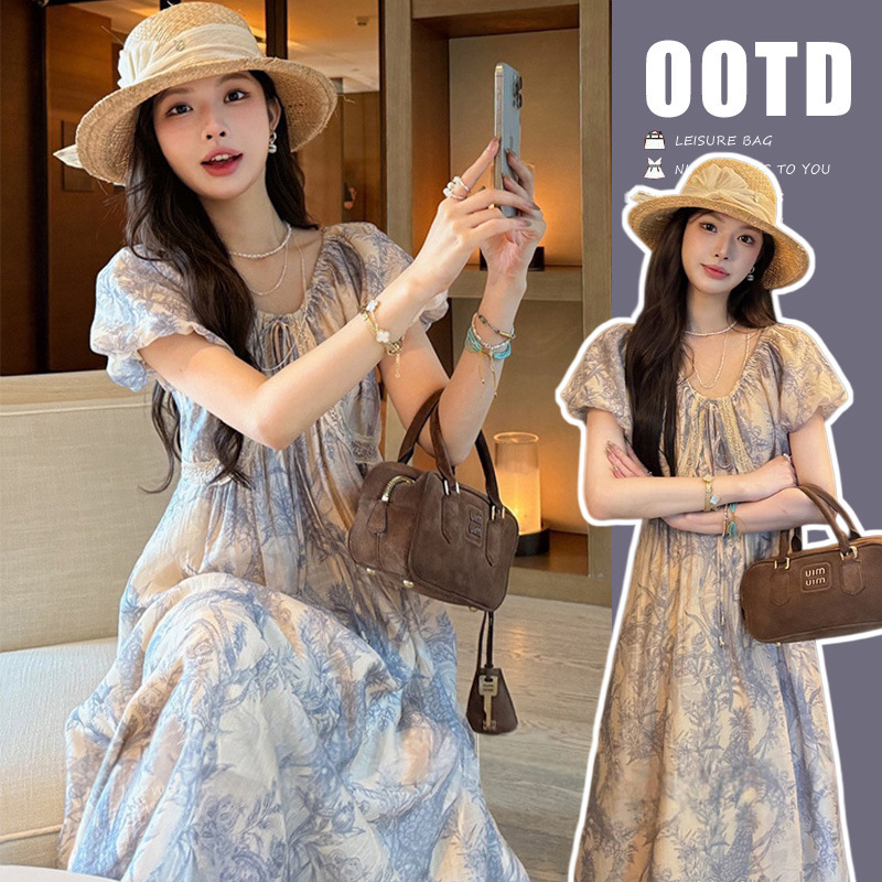 2026 New Spring and Summer Silk Dress with Blue Floral Print, V-Neck, Lace Splicing, French Puff Sleeves, Maternity Long Dress 2026 New Spring and Summer Silk Dress with Blue Floral Print, V-Neck, Lace Splicing, French Puff Sleeves, Maternity Long Dress