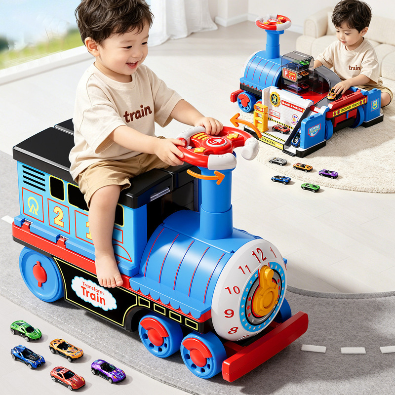 Toy Train Set That Can Seat People, Transformable Storage Parking Lot, Boys' and Girls' Toy Cars for Ages 1-3 and 6