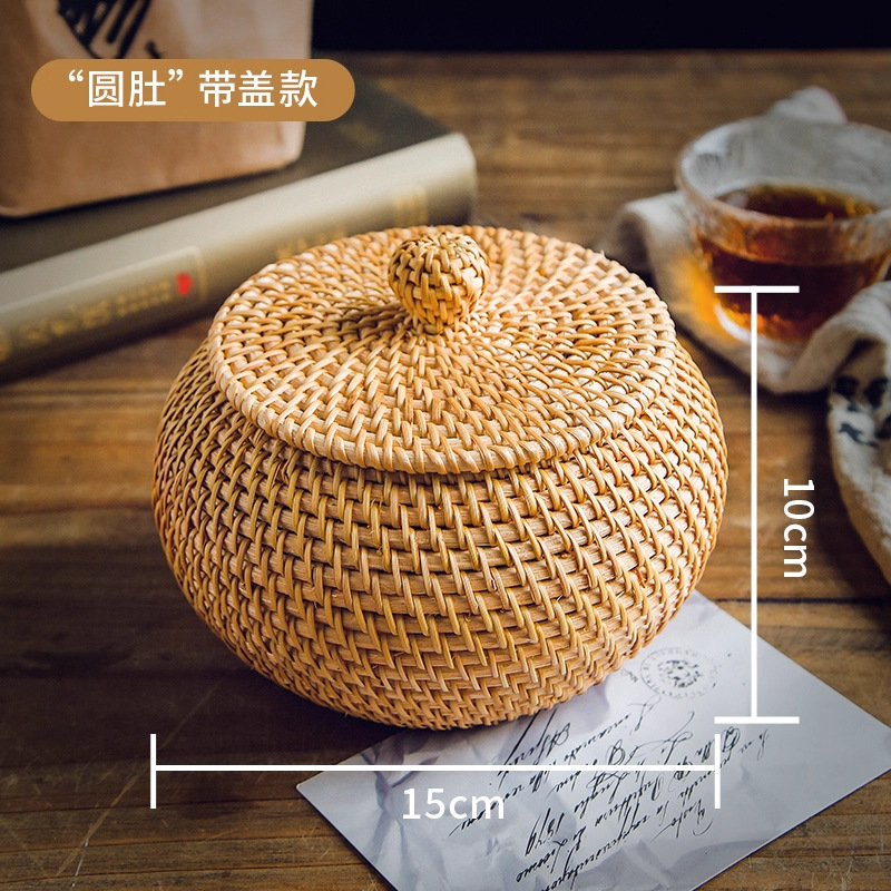 Cesta de almacenamiento de caña tejida de caña cubierta caja de almacenamiento de escritorio caja de pastel de té mesa de té bocadillos de frutas pan al vapor retrógrado sopa