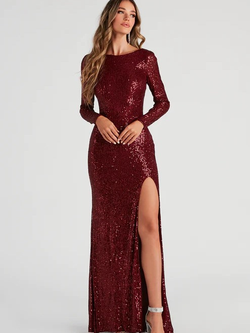 Transfronterizo europeo y americano nuevo lentejuelas hendidura sexy manga larga lentejuelas vestido de noche