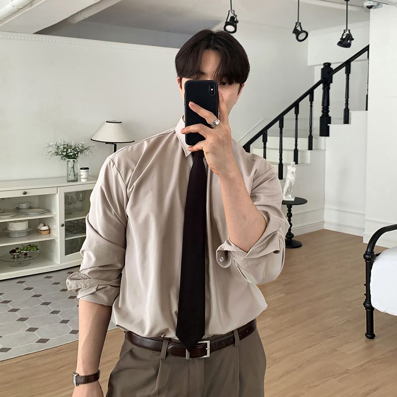 Asclo Urban Trendy Casual Versatile Long-Sleeve Shirt Korean Style Drapey Minimalist Shirt with Solid Color Small Lapel Asclo Urban Trendy Casual Versatile Long-Sleeve Shirt Korean Style Drapey Minimalist Shirt with Solid Color Small Lapel