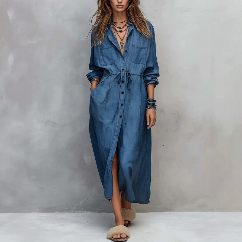2026 Spring and Autumn Collection Independent Store Amazon European and American Casual New Drawstring Waist Shirt Dress Loose Dress 2026 Spring and Autumn Collection Independent Store Amazon European and American Casual New Drawstring Waist Shirt Dress Loose Dress