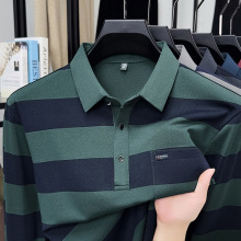 秋长袖男式Polo衫条纹宽松休闲中老年男装外贸撞色长袖T恤男翻领