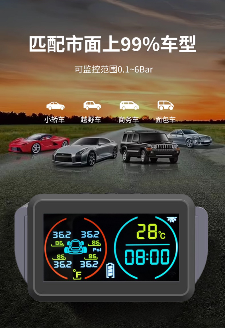 Cross-Border T14 Time and Temperature Display Large Screen Tire Pressure Monitor Built-In External Car Universal Wireless Solar