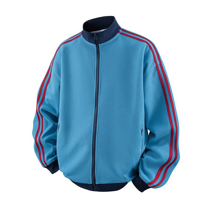 Waffle Cardigan Sweatshirt Jacket for Men, Spring and Autumn Striped Stand Collar College Style Casual Sports American Retro Jacket Waffle Cardigan Sweatshirt Jacket for Men, Spring and Autumn Striped Stand Collar College Style Casual Sports American Retro Jacket