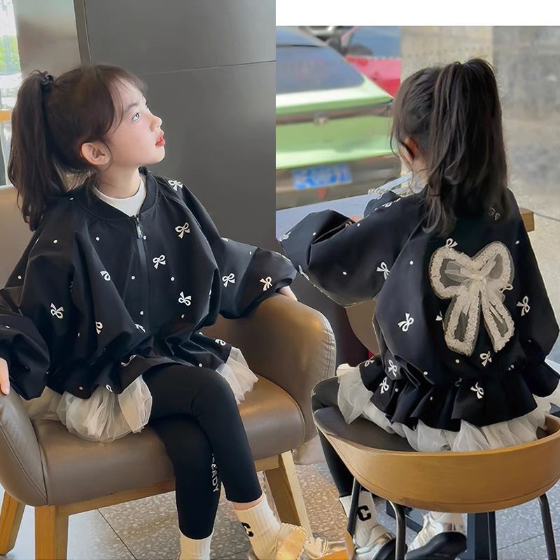 女童2025秋装新款外套洋气棒球儿童休闲女孩上衣夹克拼接公主黑色