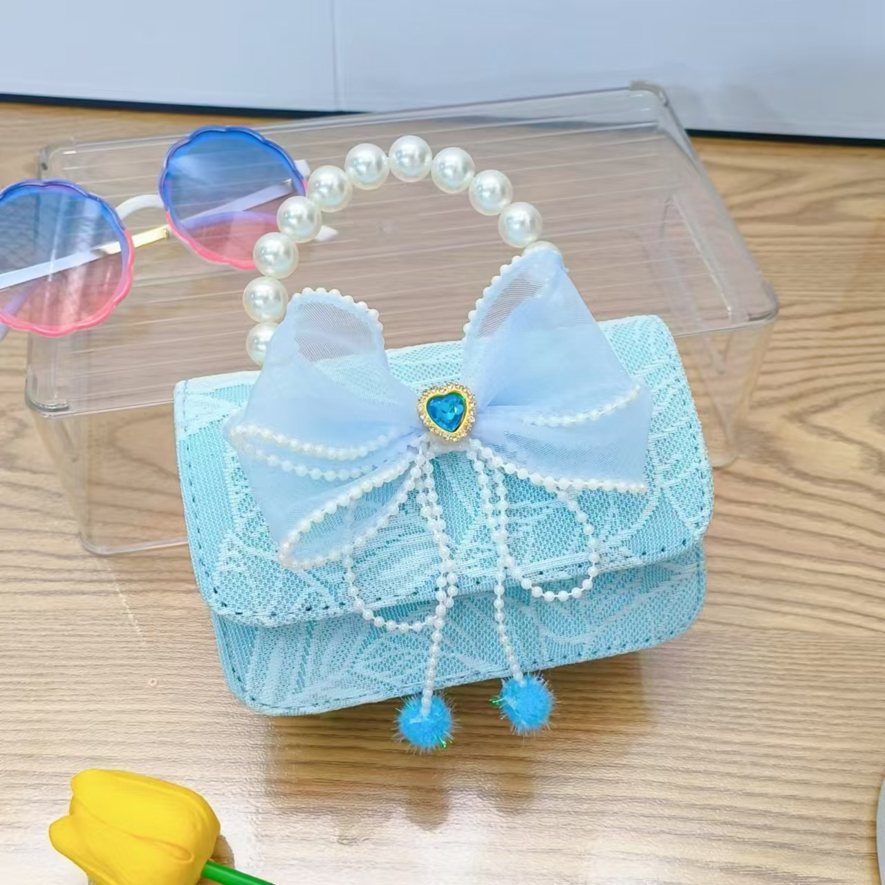 Bolso de princesa con lazo Bolso de perla Bolso de mensajero de cadena Bolso de hombro para niñas Bolso de niño con fragancia pequeña Bolso de accesorios