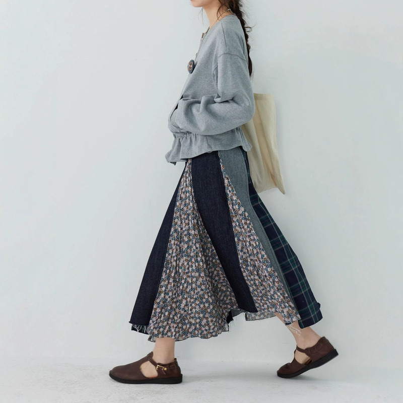 Line drawing workshop "Oliver Special Zone" Japanese wandering style design stitching A- shaped skirt denim skirt