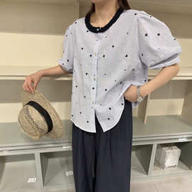 0507-169 韩系条纹刺绣蝴蝶结木耳边圆领衬衣不退换