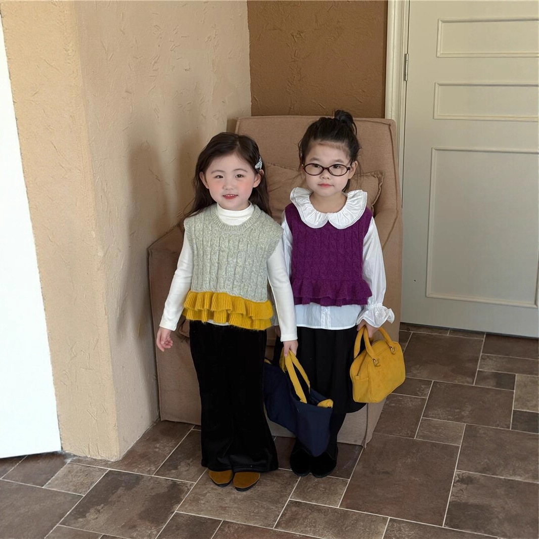 【555清仓不.退换】荷叶边麻花毛织马甲儿童秋款拼接毛衣马甲