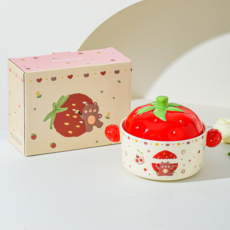 Cartoon Strawberry adorable tazón de fideos de chicas bolos de fideos caseros bolos de cerámica de doble oreja con cubierta cubierta de platos de regalo set de platos