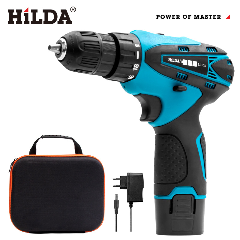 Hilda 12V destornillador inalámbrico taladro eléctrico doble velocidad batería de litio recargable luz LED 2 piezas impermeable mano Taladro