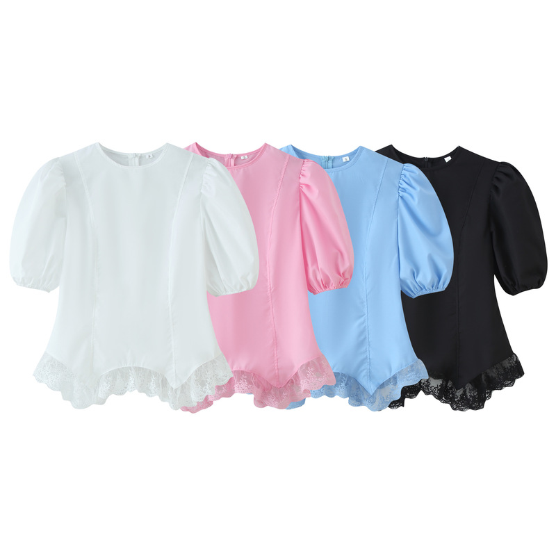 Foreign Trade Wholesale Spring New Style European and American Style Short-Sleeved Shirt Top with Back Tie and Four-Color Lace Splicing