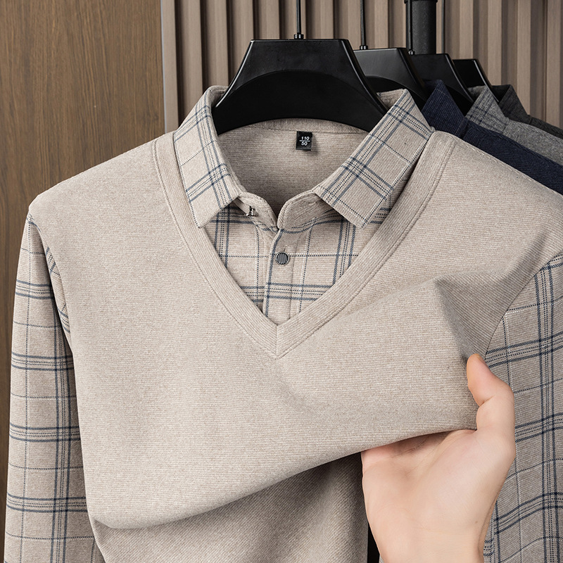 High-quality thickened two-piece look long-sleeve polo shirt for middle-aged men, premium quality loose-fitting base t-shirt knitwear