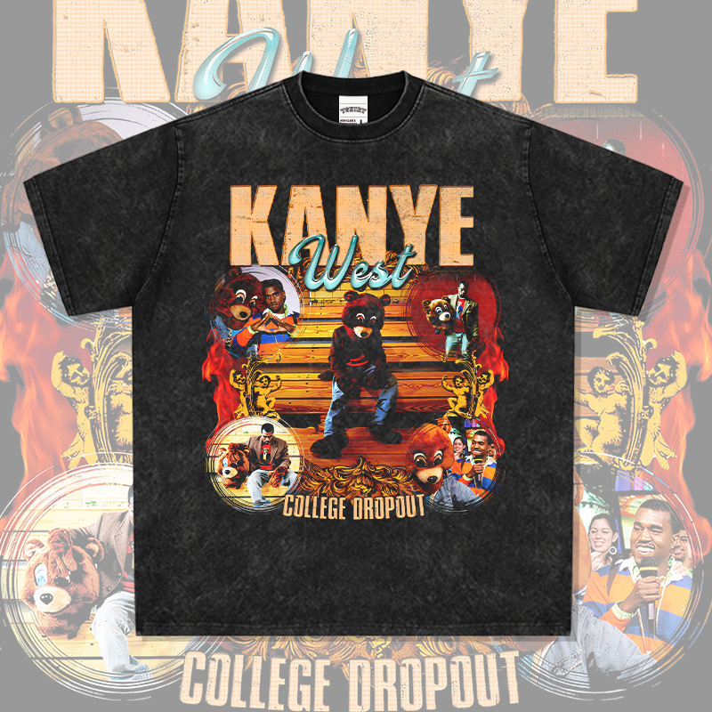American Style Retro Hip-Hop Kanye Kanye WEST Printed Short-Sleeved Heavy Cotton Long-Sleeved Round Neck Hooded Sweat