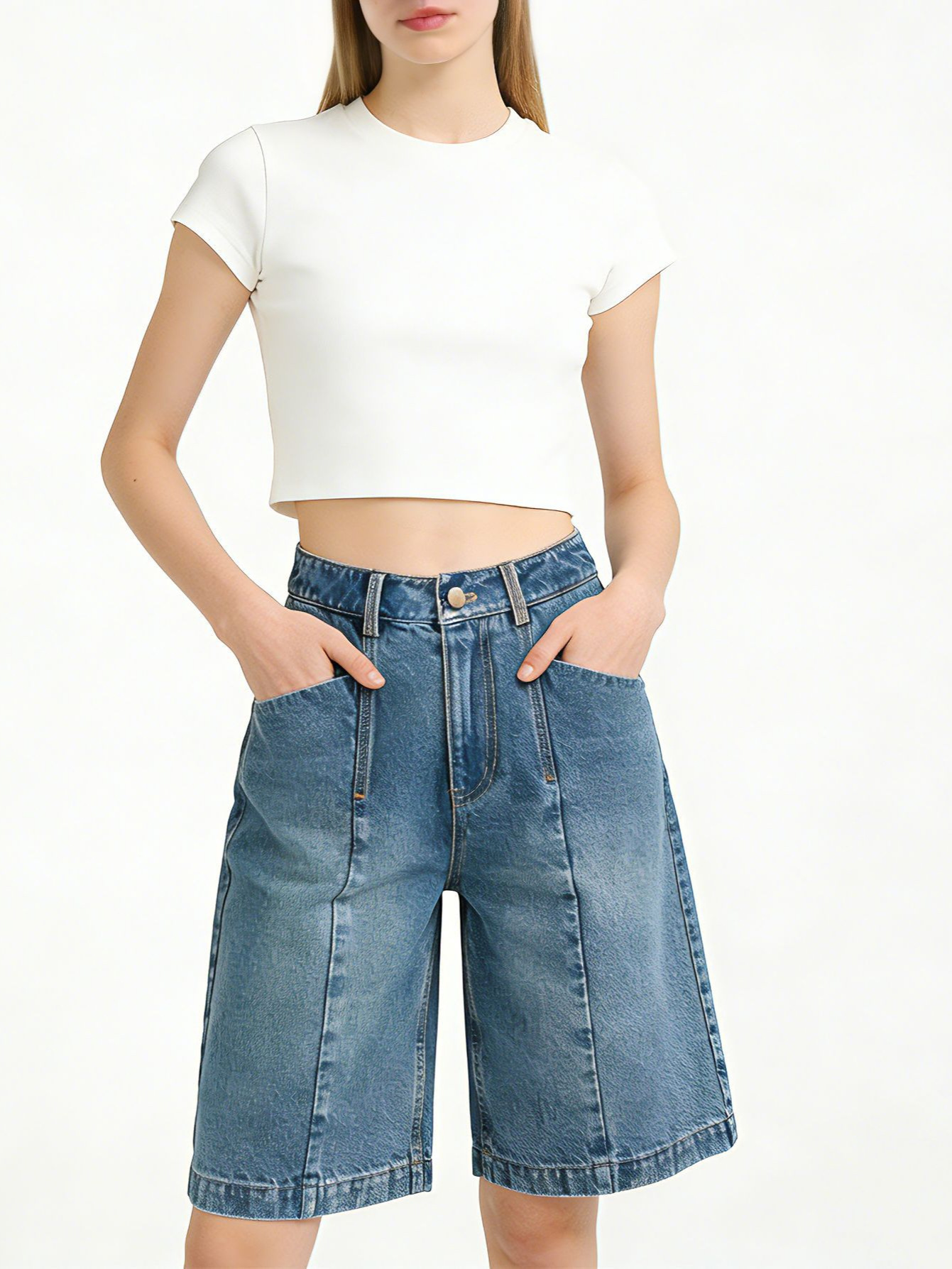 Quần short jean nam ống rộng dáng suông, cạp cao, phong cách đường phố Mỹ — xanh lam