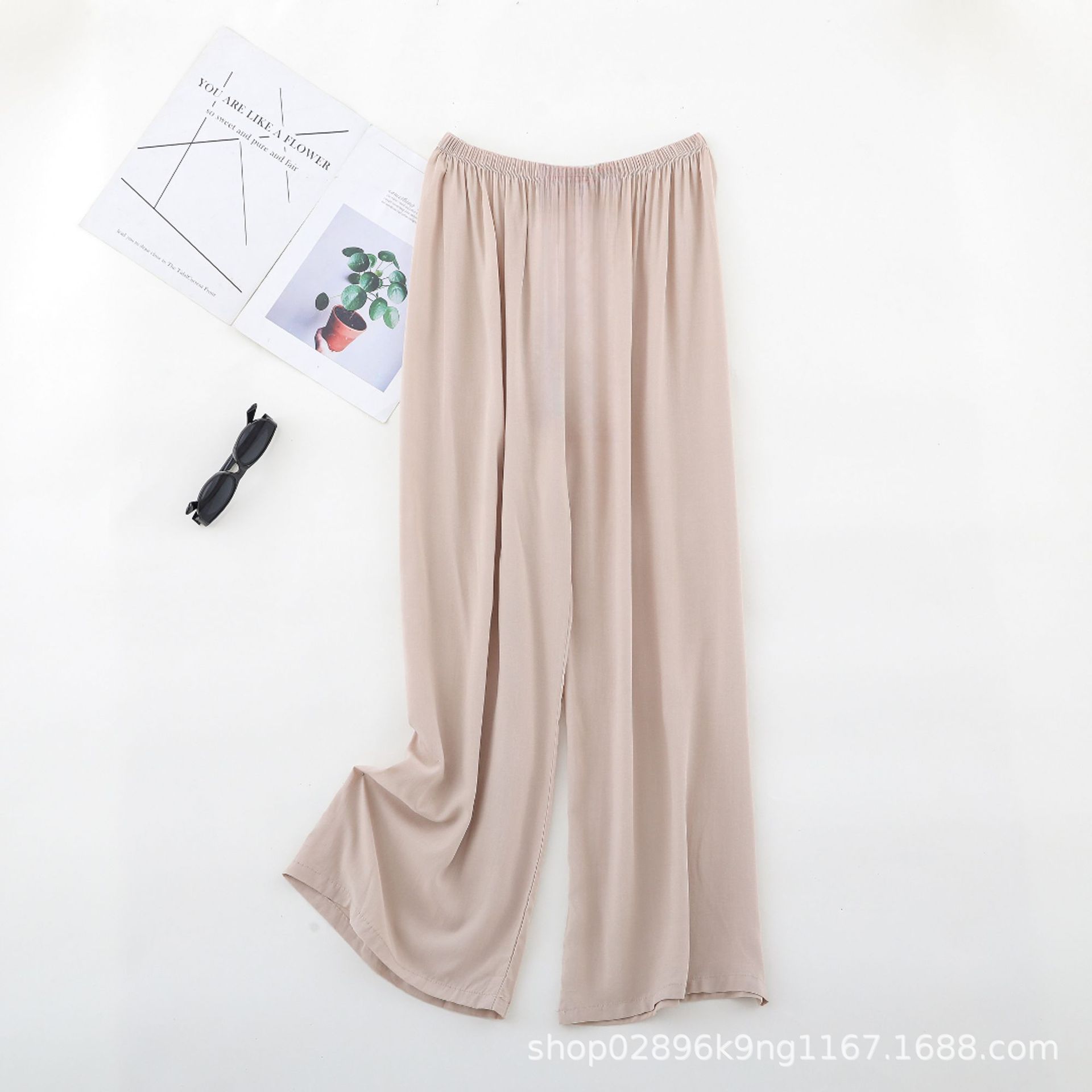 [Algodón sólido] Pantalones de piernas de algodón sólido de cintura alta dulces de fibra adhesiva pantalones de piernas largas delgados de verano relajados