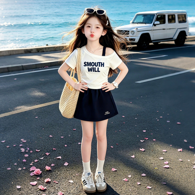 Girls' Summer Outfit Set 2026 New Style Big Kids Short-Sleeve T-Shirt and Short Skirt Pants Stylish Summer Two-Piece Set for Girls