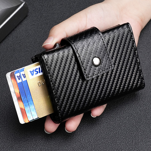 Crazy horse leather automatic pop-up metal box card holder men's genuine leather airtag locator wallet card holder card holder integrated