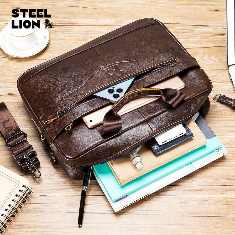 Bolso para computadora de piel de vaca de león viejo maletín de hombre de cuero de gran capacidad Bolso de archivo de piel de vaca de primera capa retro