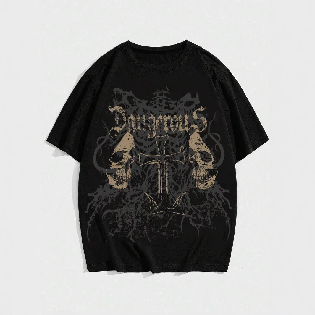 [Grunge Punk Skull Printed Women Men Unisex Cotton T-shirt]