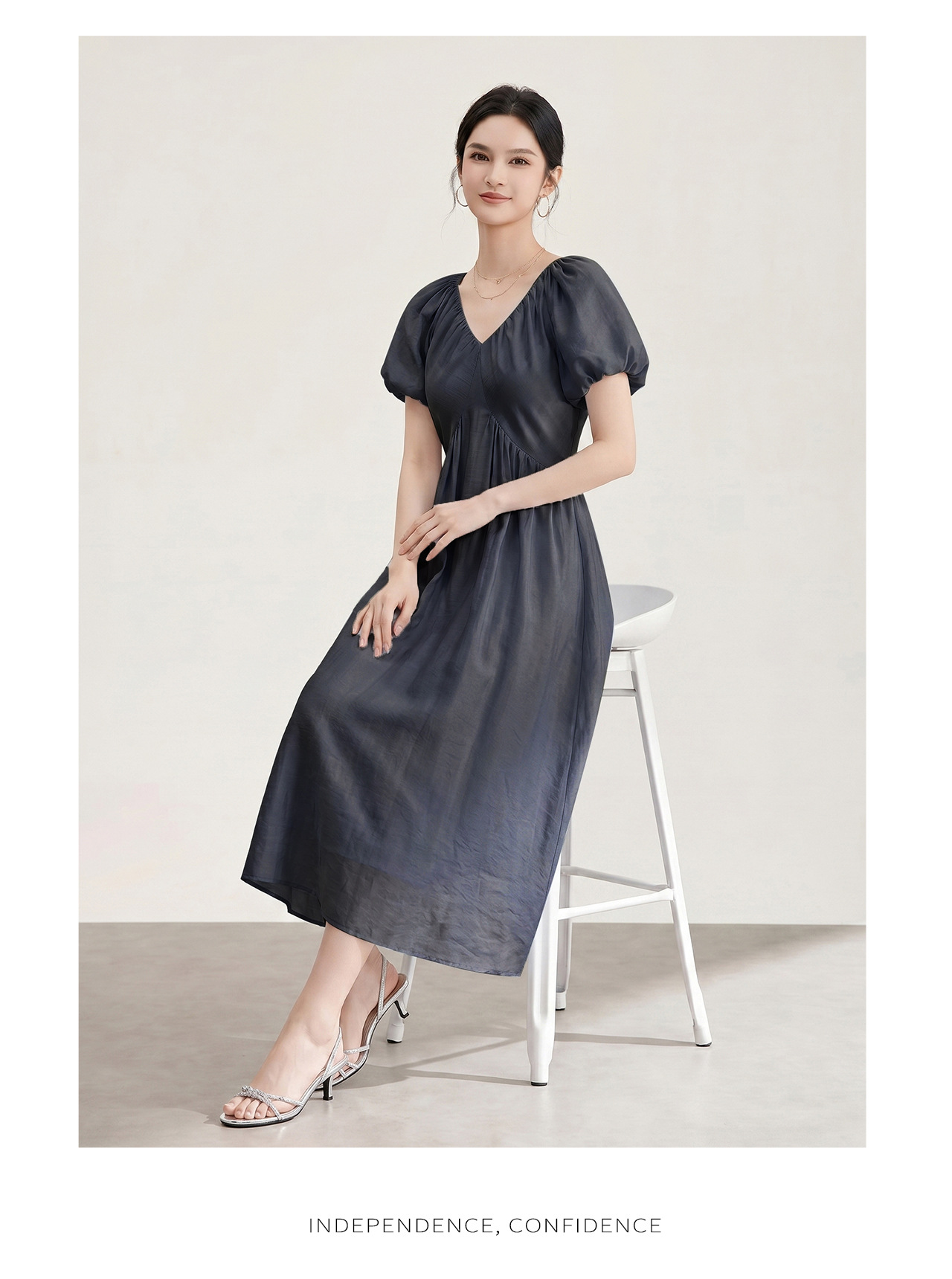Đầm suông midi tay bồng cổ V xếp ly cho nữ — màu xanh navy chi tiết 17