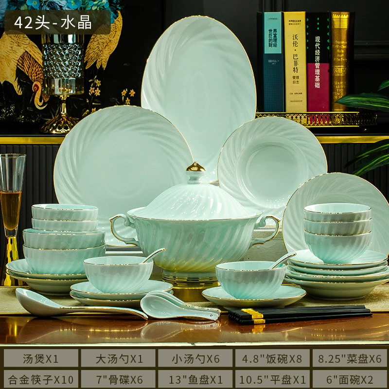 Qihuixuan Jingdezhen Gaobai Porcelain Tableware Set – Mint Green Bone China Bowls, 22–93 Pc