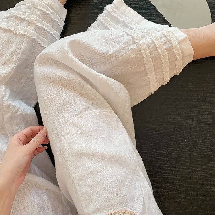 リラックスした耳付きストレートコットンとリネンの女性用カジュアルパンツ、夏の新しいスタイル、怠惰で多用途な白い9点ワイドレッグパンツ|undefined