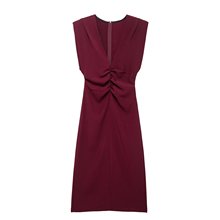 亚马逊2025春季新品褶皱纯色连衣裙套头无袖V领迷笛装饰批发非洲