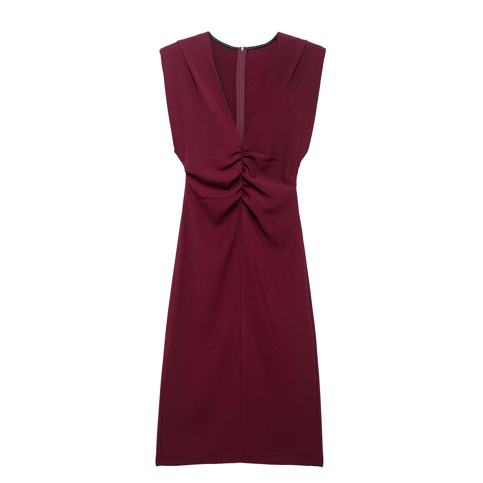 亚马逊2025春季新品褶皱纯色连衣裙套头无袖V领迷笛装饰批发非洲