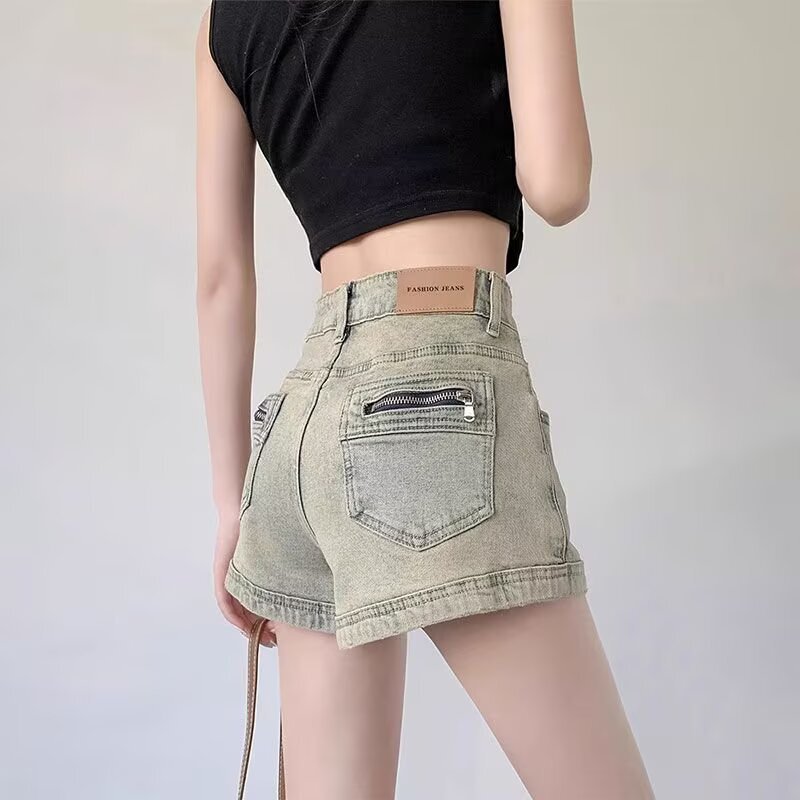American Style Retro Spice Girl Denim Pants 2025 Summer New High Waist Slimming Design Sense A- line Hip Hot Pants