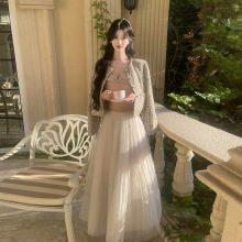 许愿池少女系纽扣腰头vtg灵动仙仙纱裙女士夏季气质减龄褶皱长裙