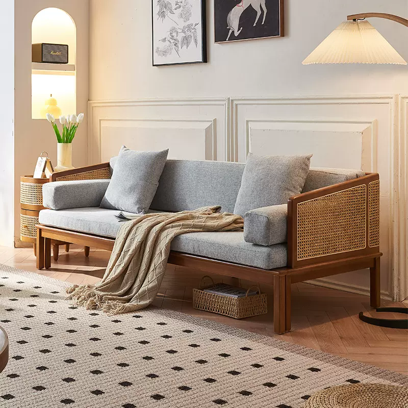 新中式藤编实木沙发床侘寂风客厅布艺白蜡木三人位可拆洗两用沙发
