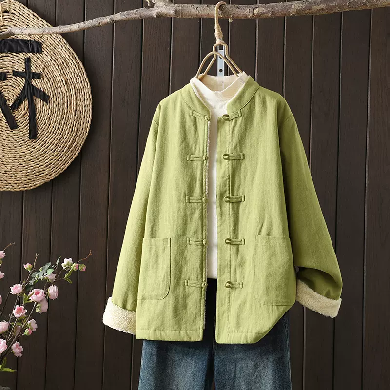 国风立领盘扣仿羊羔毛里加厚保暖减龄中式棉袄宽松上衣大码外套女