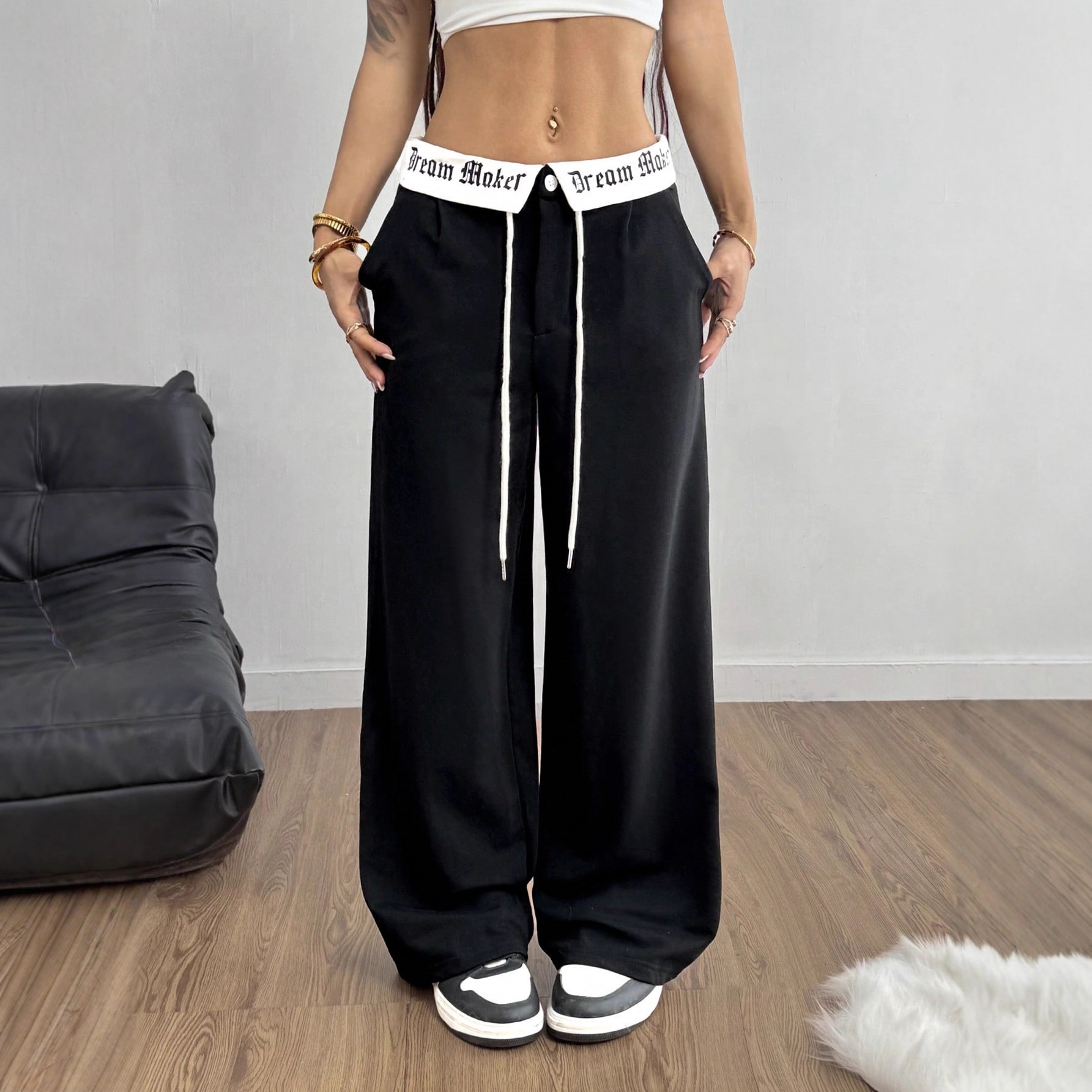 Cross-Border Women's Long Pants European and American Amazon 2025 New Loose Pants Color-Blocking with Letters