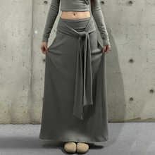 秋季新品腰部绑带设计感灰色针织半裙辣妹修身显瘦低腰包臀裙长裙