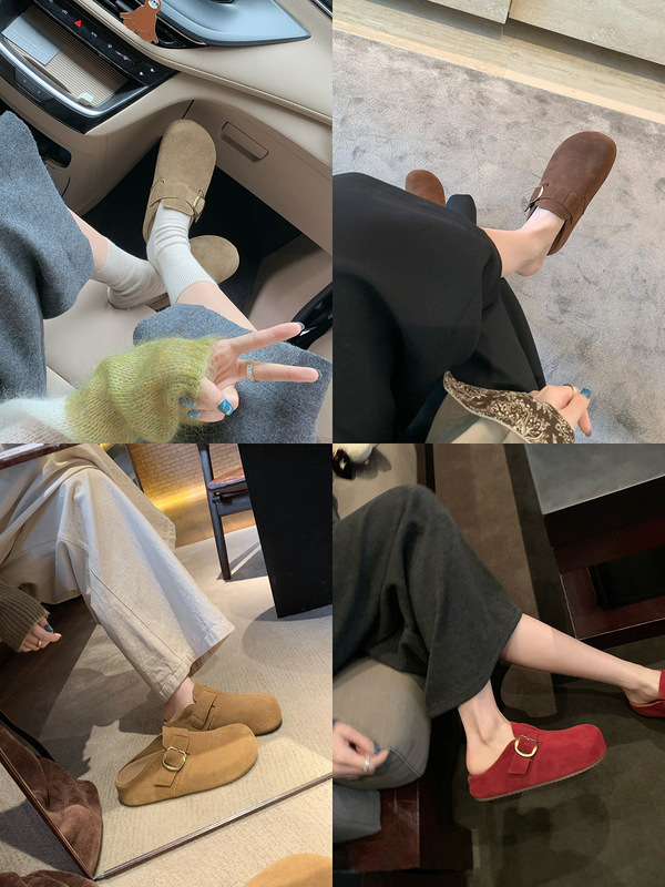 牛皮版~葡萄ma同款内增高4cm复古小金扣包头半拖鞋女懒人勃肯鞋|undefined
